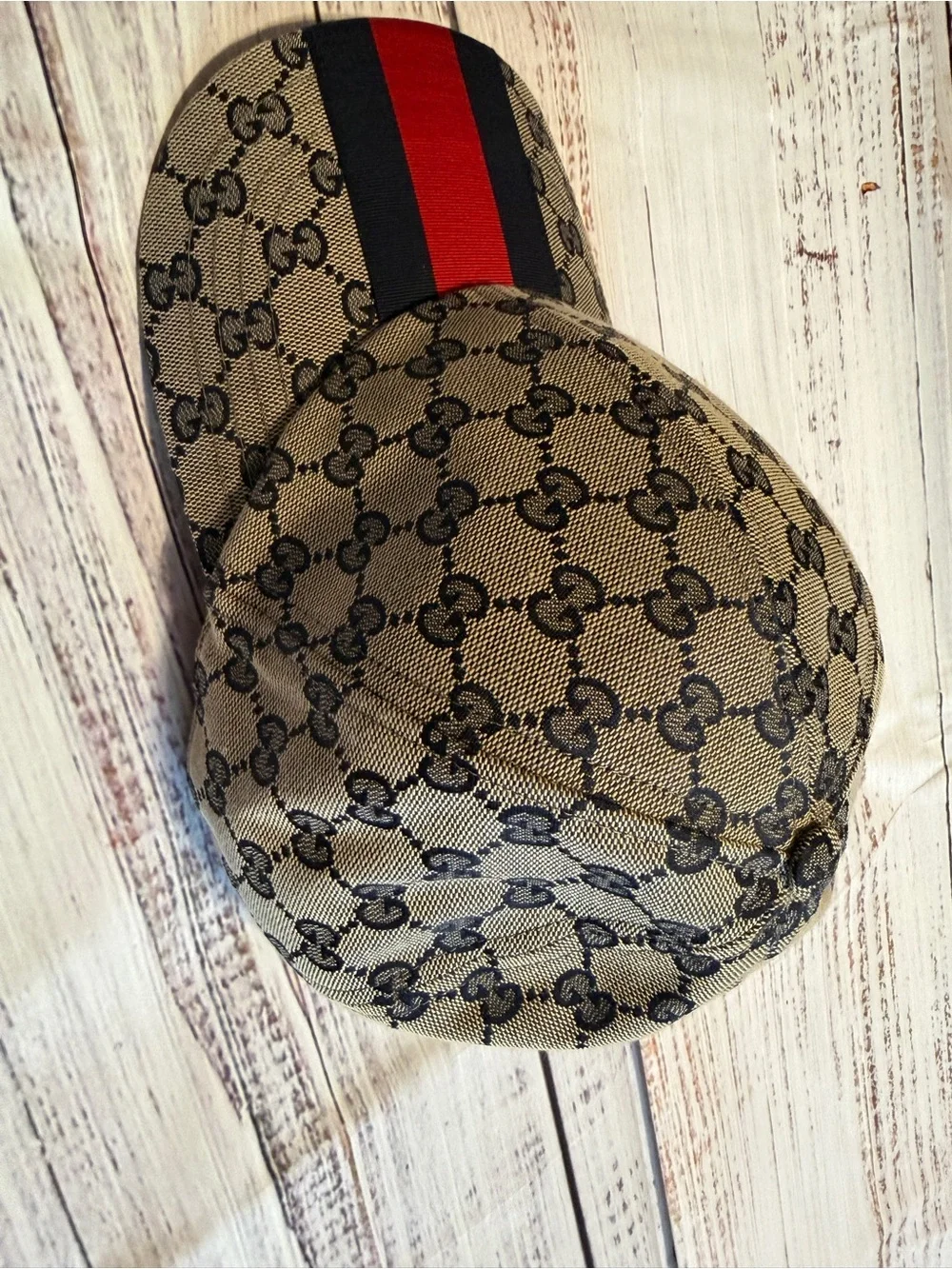 Gucci Beige GG Canvas Baseball Cap with Red & Navy Web Stripe